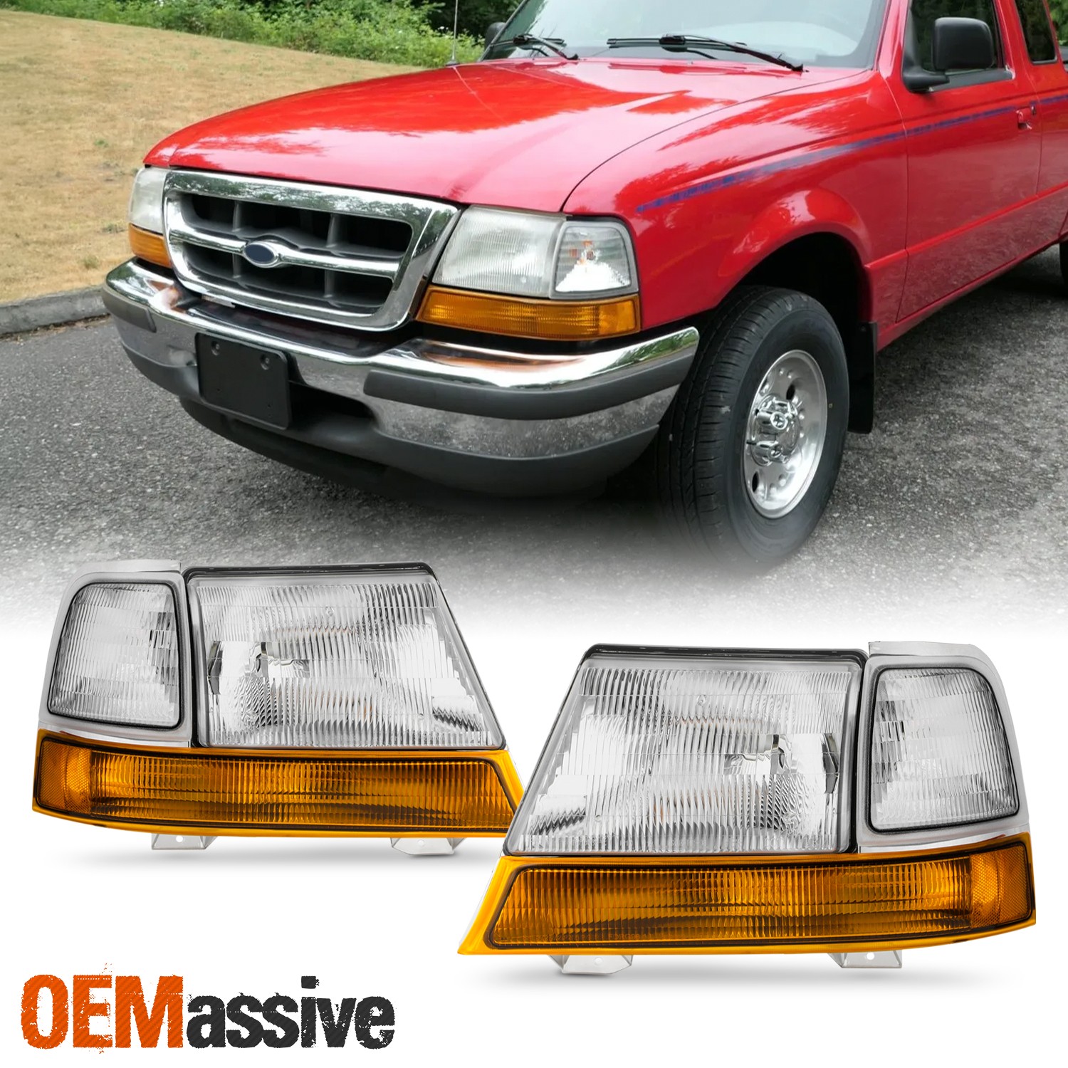 For 1998 1999 2000 Ford Ranger Chrome Headlights w/Corner Lamp Amber Signal Pair