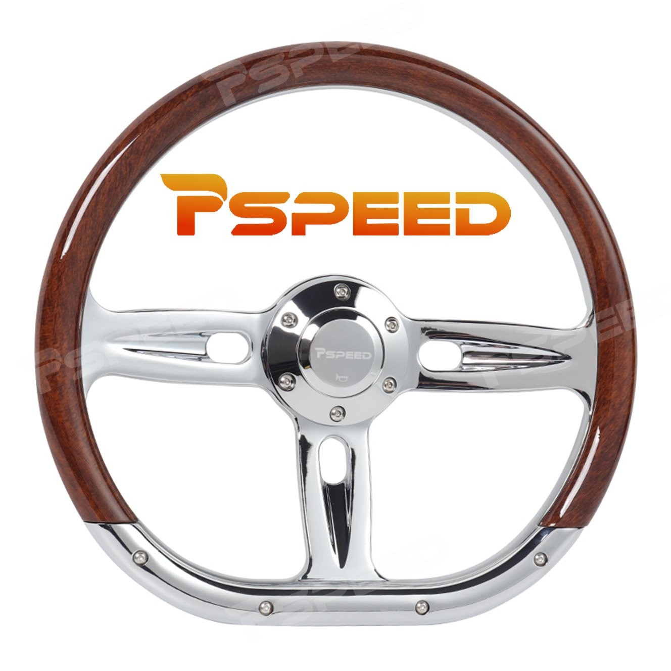 D-Shape 14 inch 6-Bolt Wood Grain Chrome 3-Spoke Billet Steering Wheel w/ Horn