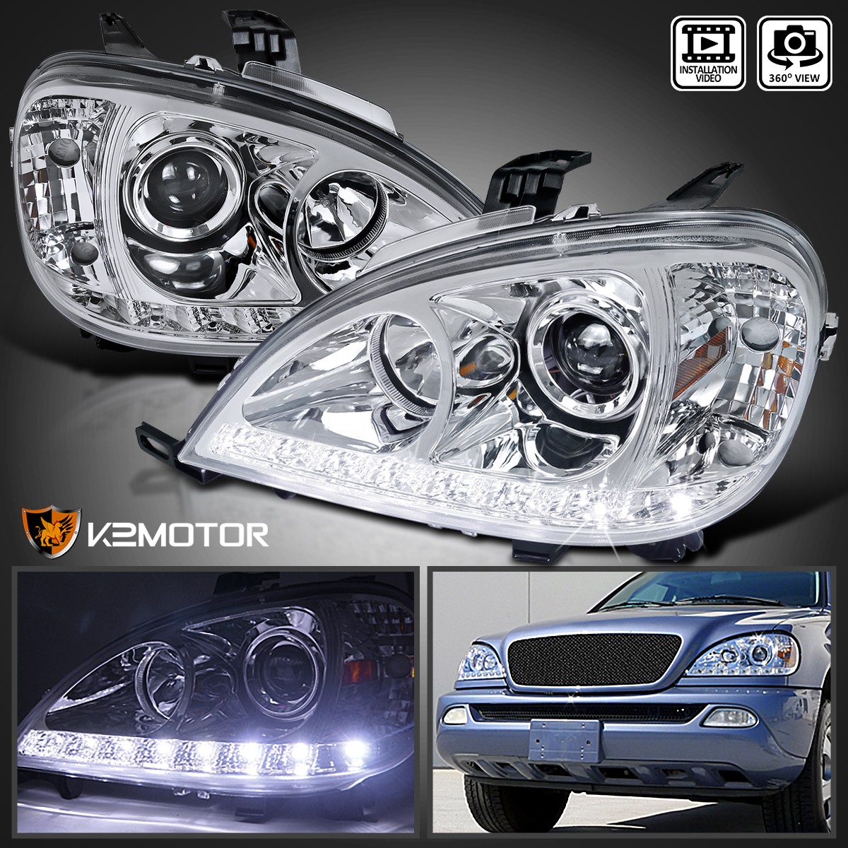 Fits 1998-2001 Mercedes Benz W163 ML320 ML430 LED Strip Projector Headlights