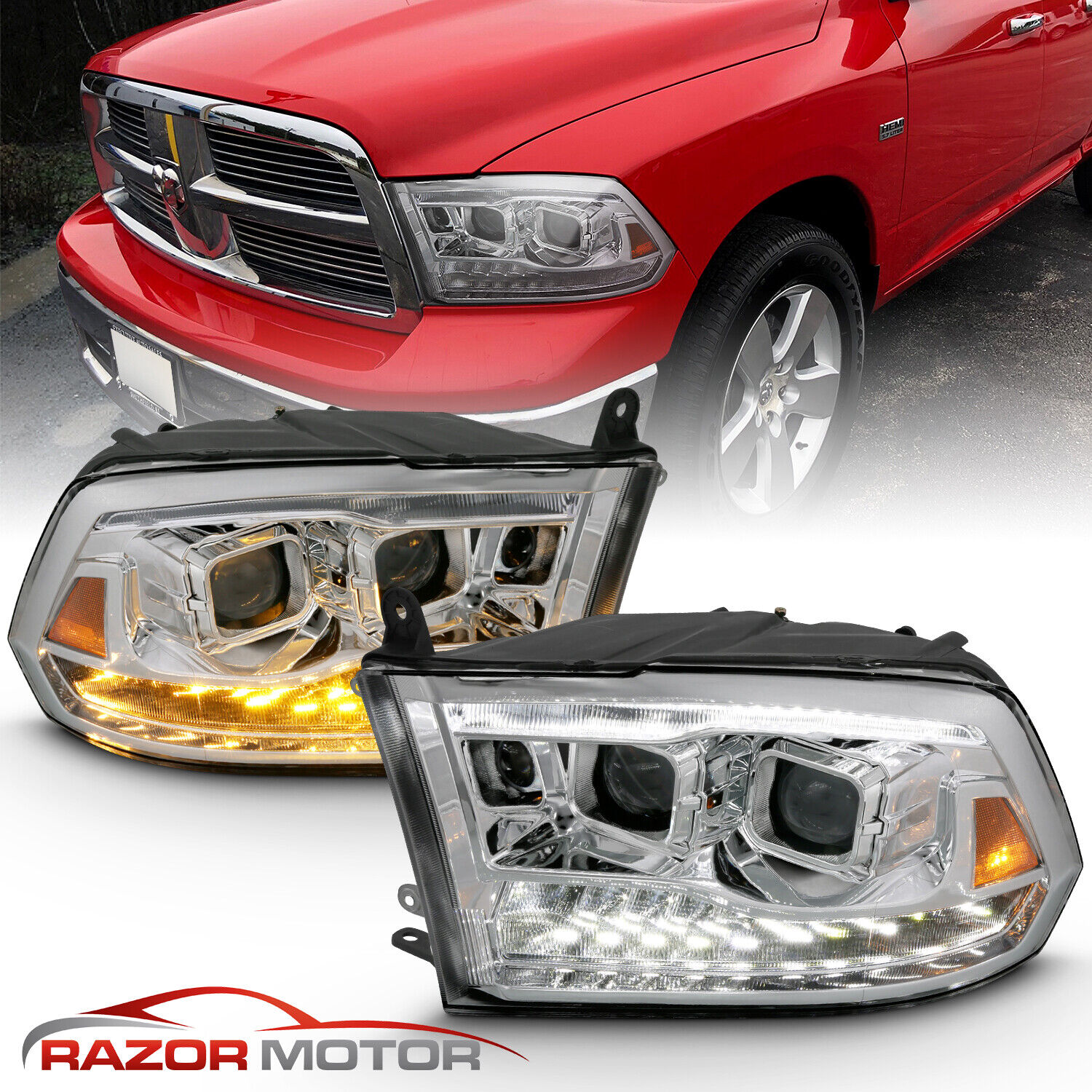 For 2009-2018 Dodge Ram 1500 2500 3500 Chrome LED Bar Dual Projector Headlights