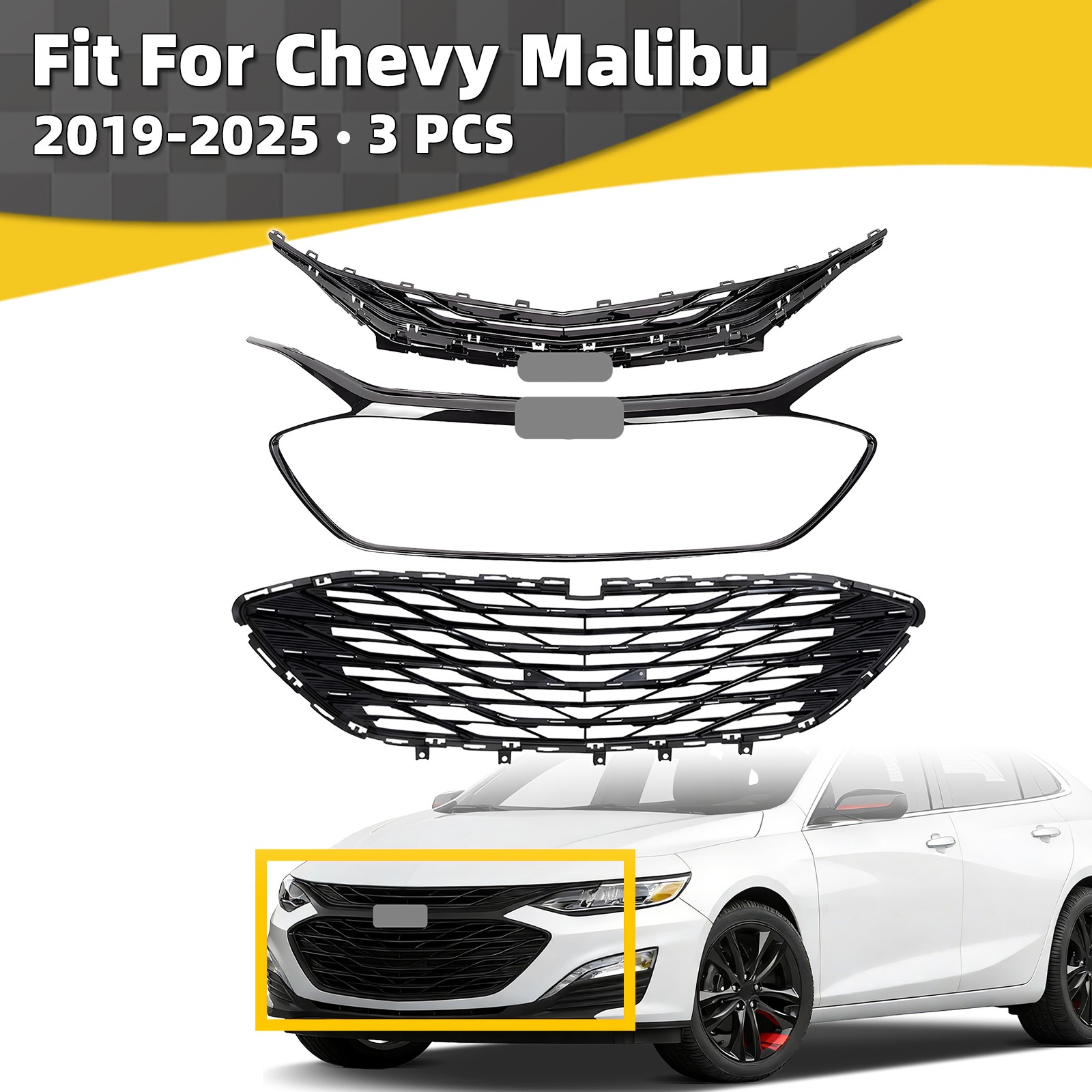 For 2019-2025 Chevrolet Malibu Front Grille Upper& Lower Grill w/ Trim Assembly