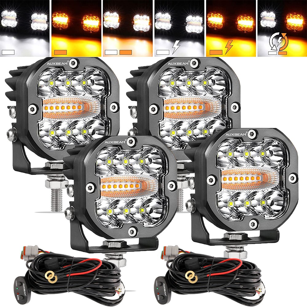 AUXBEAM 4X 3inch LED Work Light Bar White&Amber Offroad Truck ATV Work Fog Lamps