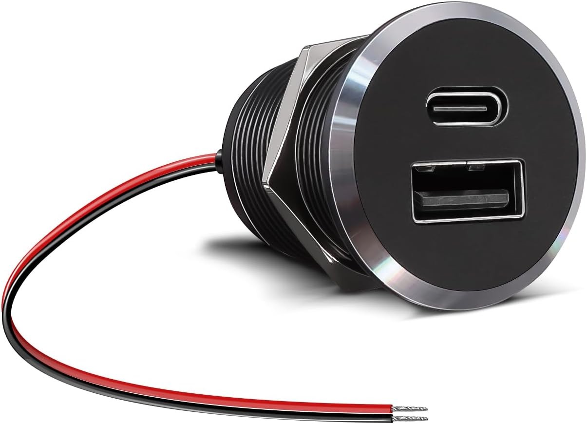12V USB Outlet All-Aluminum QC 3.0 USB-A & USB-C PD3.0 Dual Small Version 
