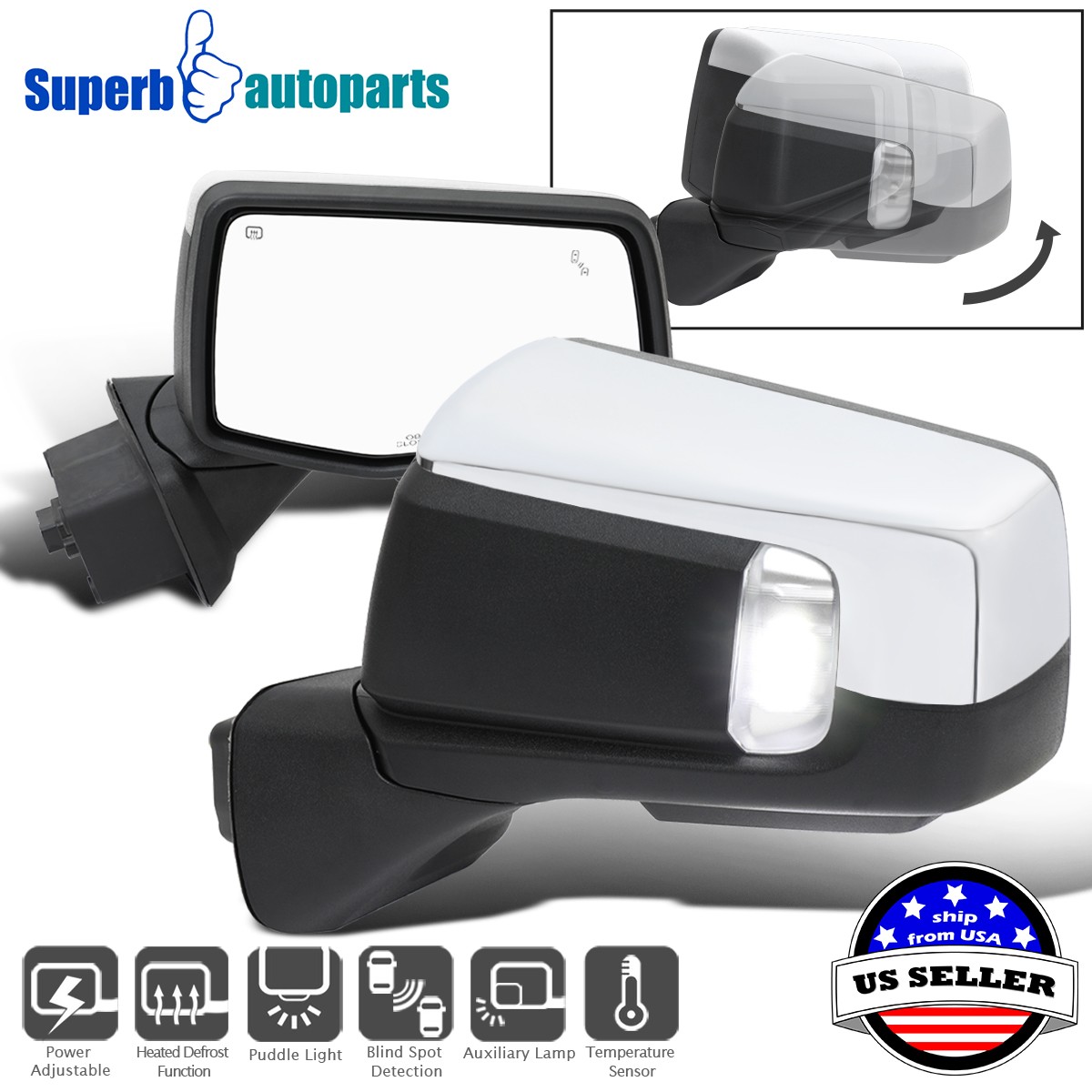For 2019-2026 GMC Serria 1500 Power Mirrors+ Heated/BSM/Puddle/Sensor L+R Pair