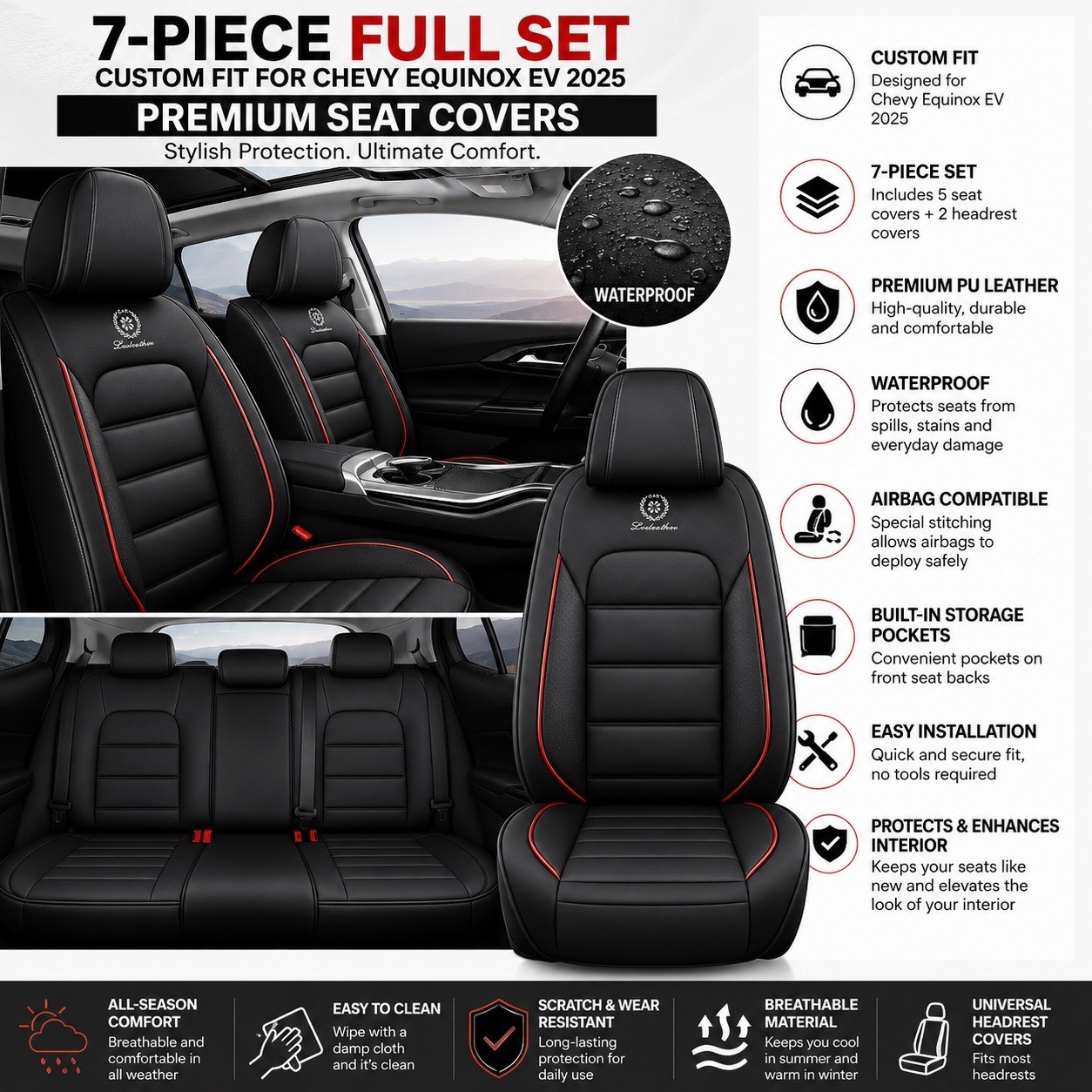 2025 Chevy Equinox EV Seat Covers Full Set 7PCS Black/Red Waterproof Leather.