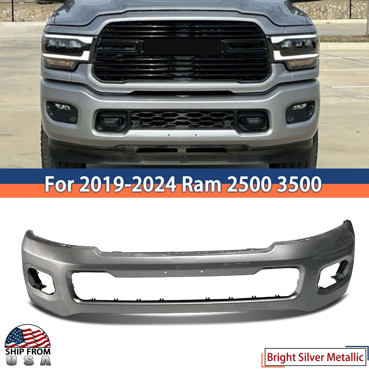 Billet Silver For 2019 2020-24 Ram 2500 3500 Front Bumper Face Bar W/ Fog Hole