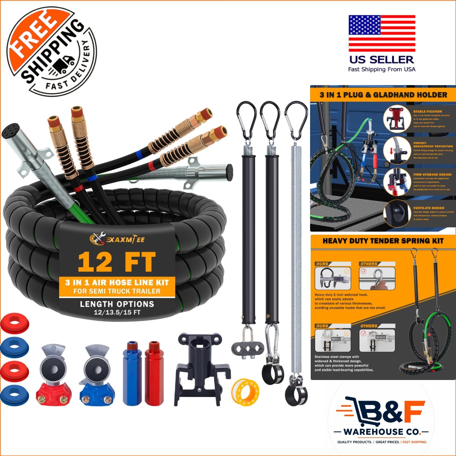 12FT Semi Truck Air Lines Kit with Glad Hands & 3 Tender Spring Kits - 225 PSI