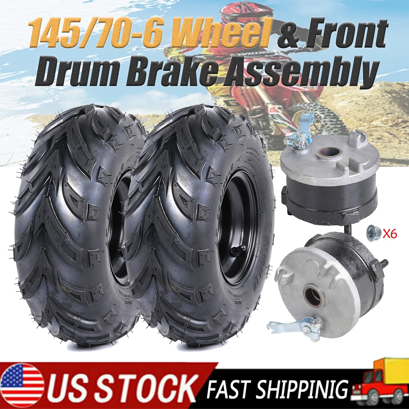2PCS 145/70-6 Wheel 145x70-6 Tire Rim & Front Drum Brake Assembly For ATV Quad