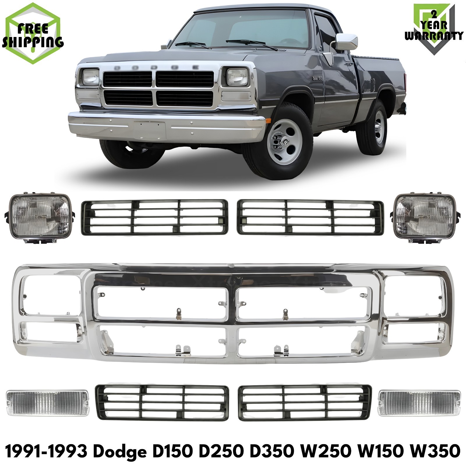 Front Grille Assembly Chrome Plastic & Headlights Kit For 1991-1993 Dodge D150