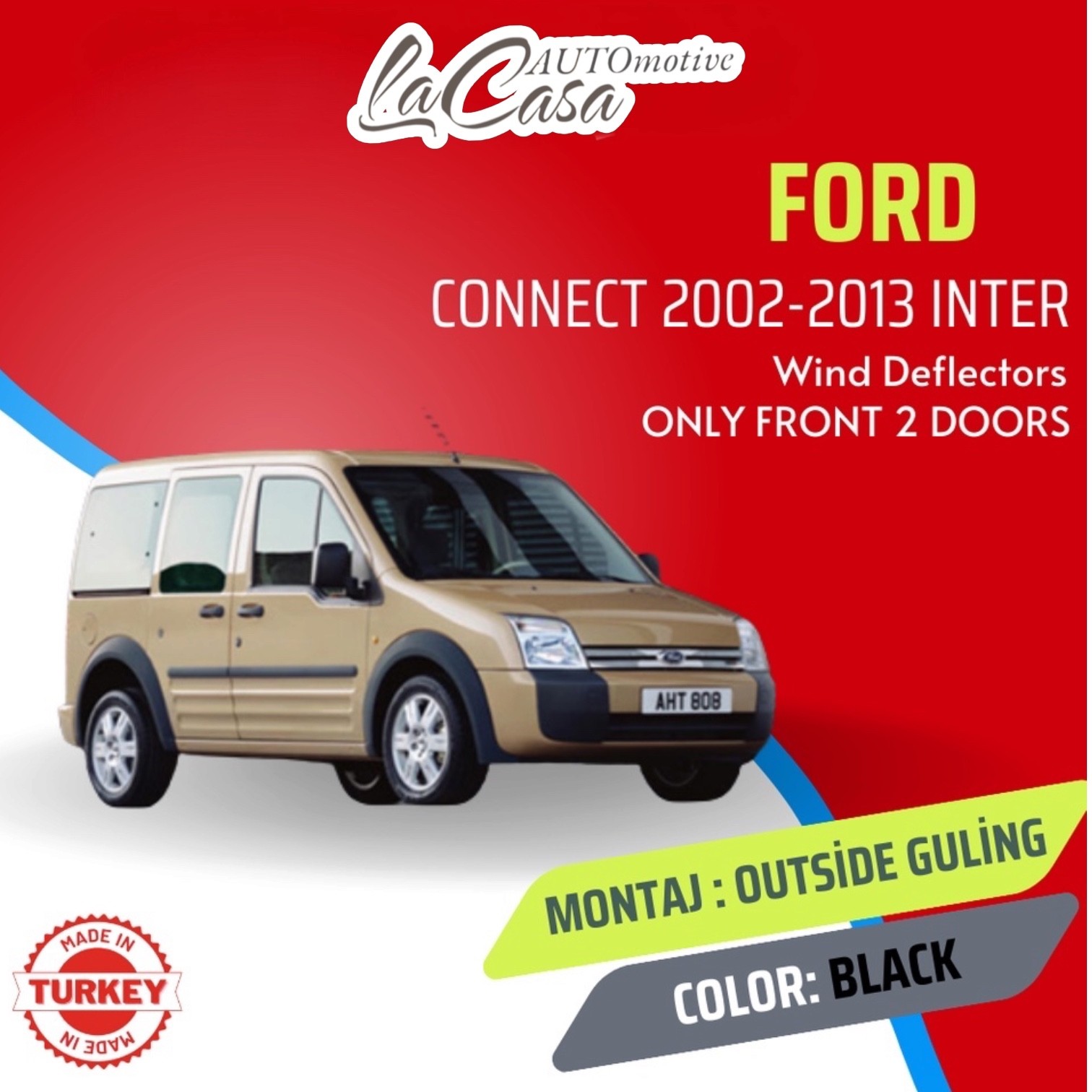 FORD CONNECT 2002-2013 WIND DEFLECTOR 2PC TAPE ON GLOSS BLACK