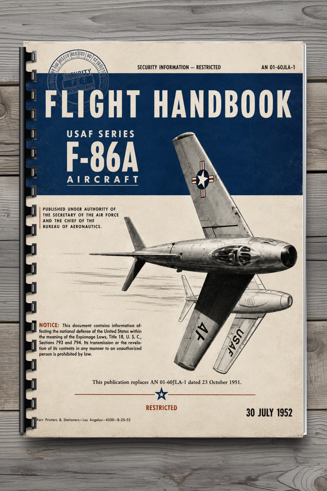 F-86A Sabre Aircraft Flight Handbook Pilot Manual AN 01-60JLA-1 1952 198P