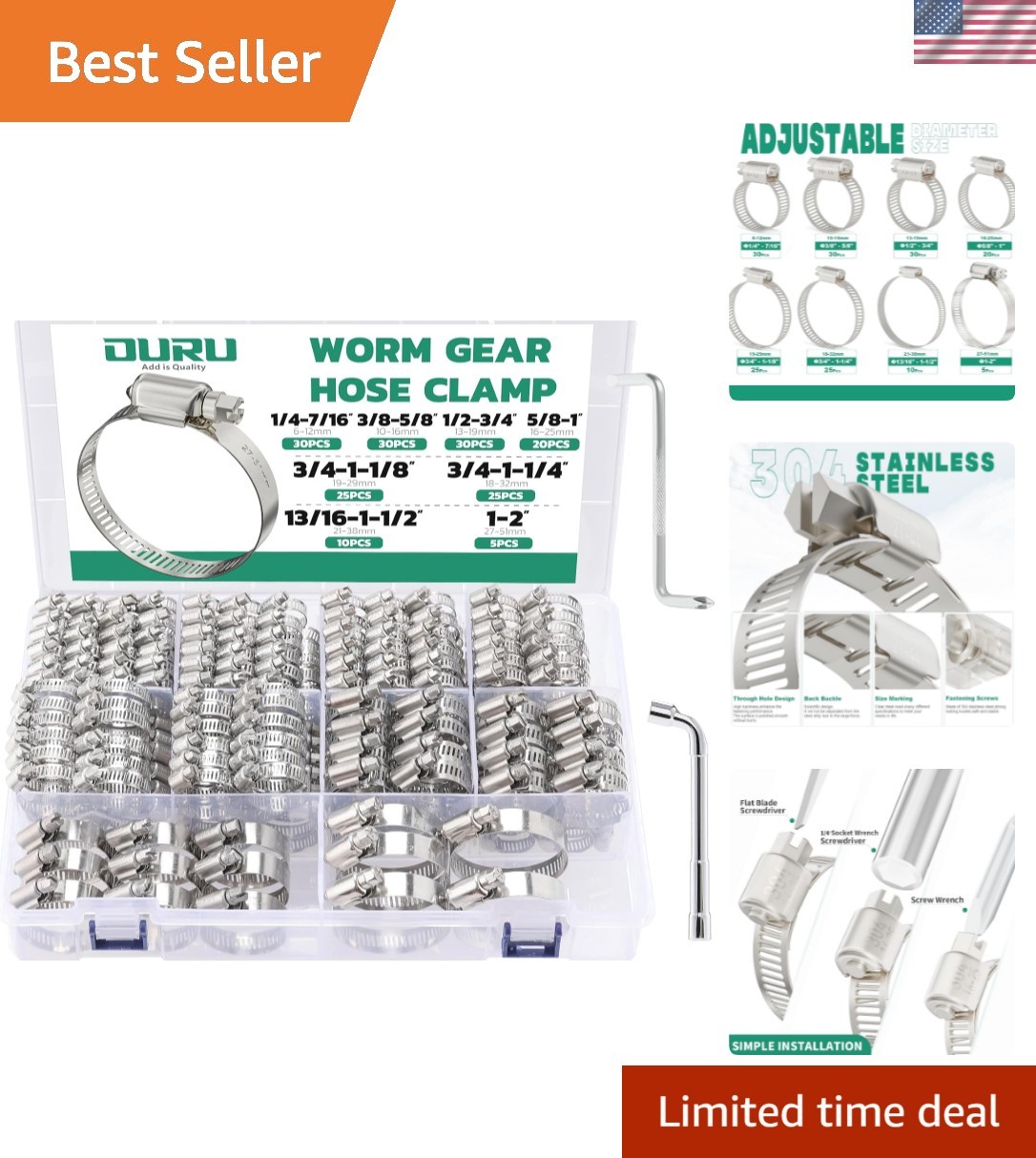 Versatile 175PCS Adjustable Stainless Steel Hose Clamps for Automotive & Home Versatile 175PCS Adjustable Stainless Steel Hose Clamps for Automotive & Home