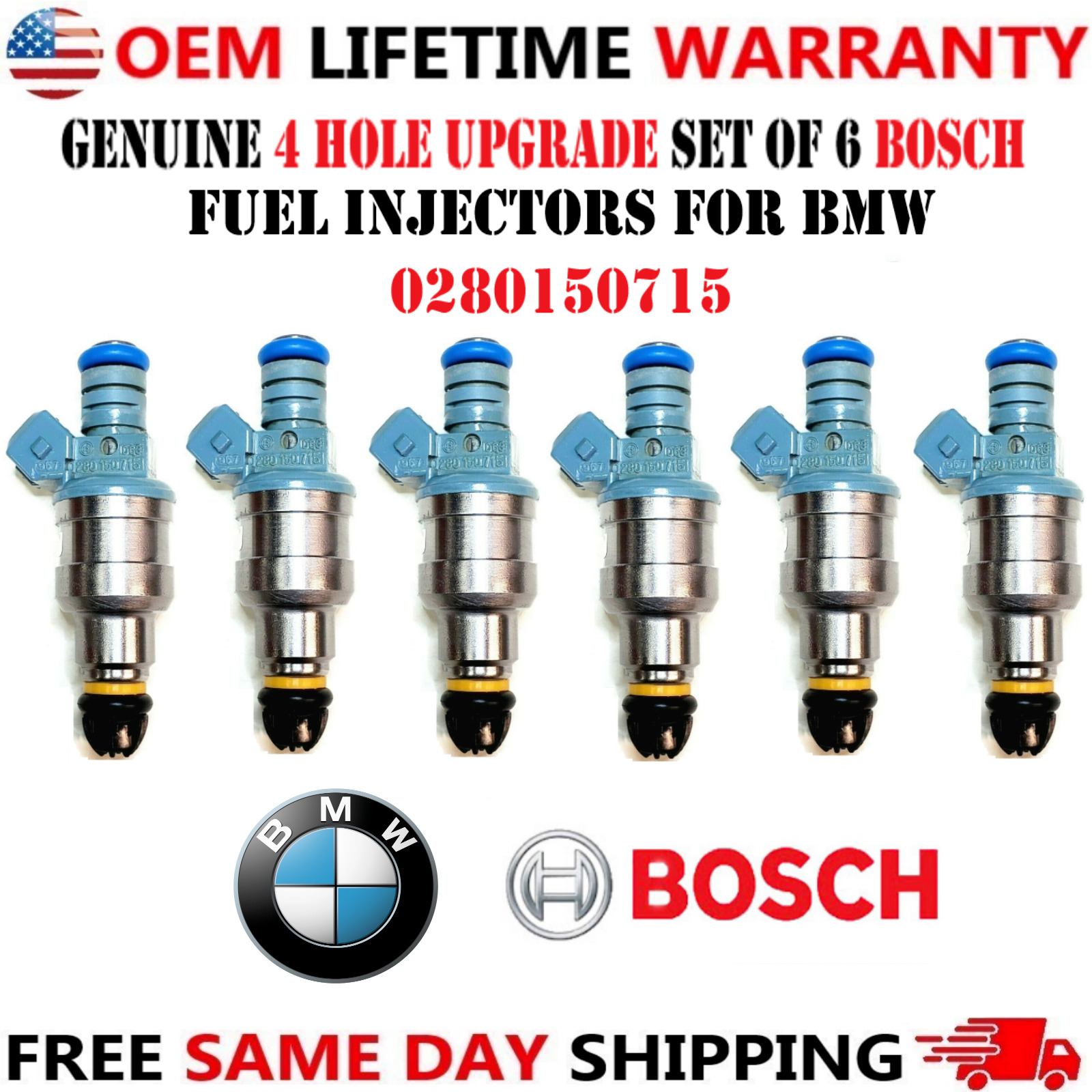 6pcs Bosch Fuel Injectors 4 Hole Upgrade for 1995, 1996, 1997 BMW 750il 5.4L V12