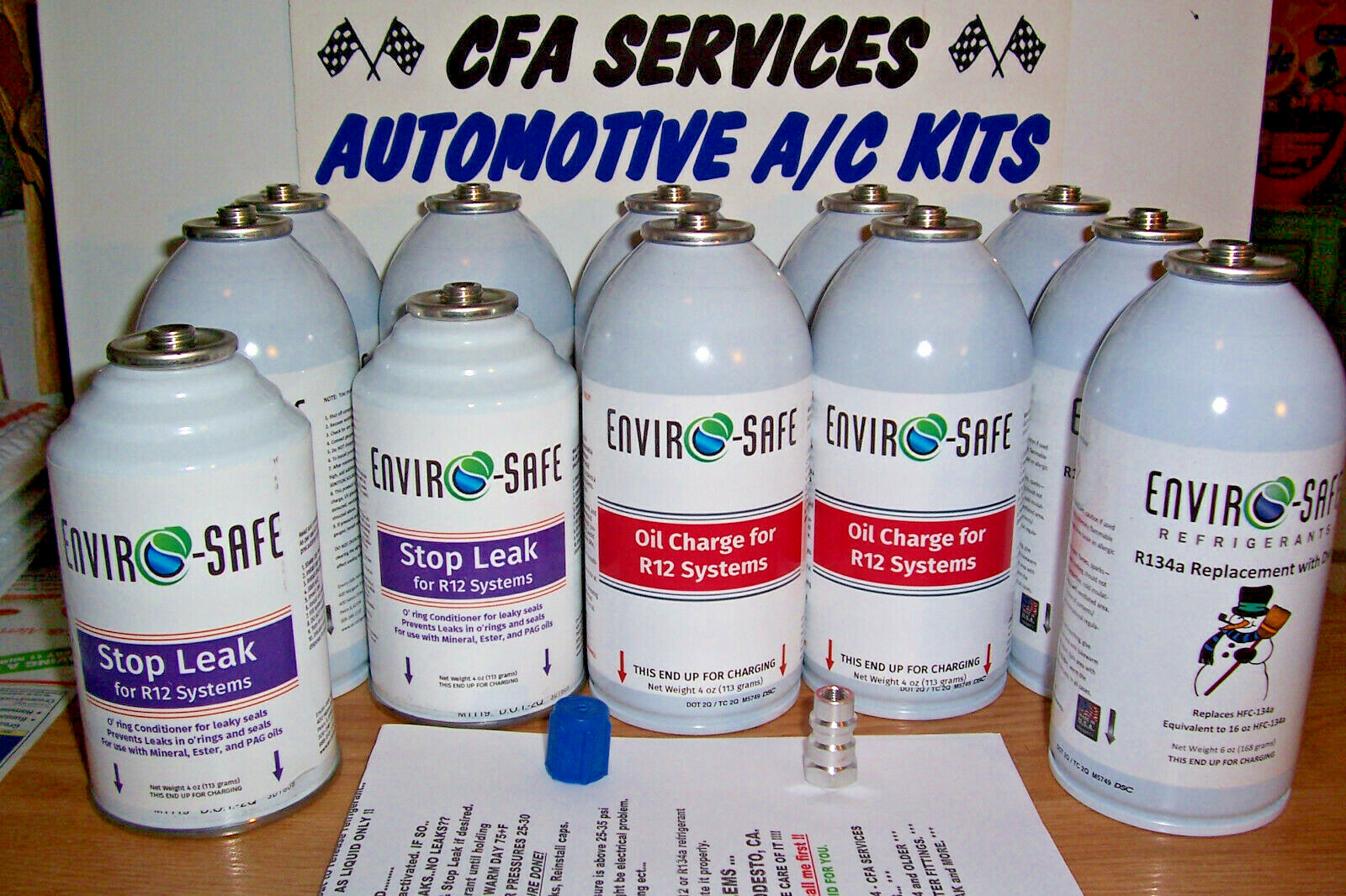 12 CAN COMBO ENVIROSAFE RECHARGE KIT+OIL +STOP LEAK +Adapter 1995-OLDER R12 CARS
