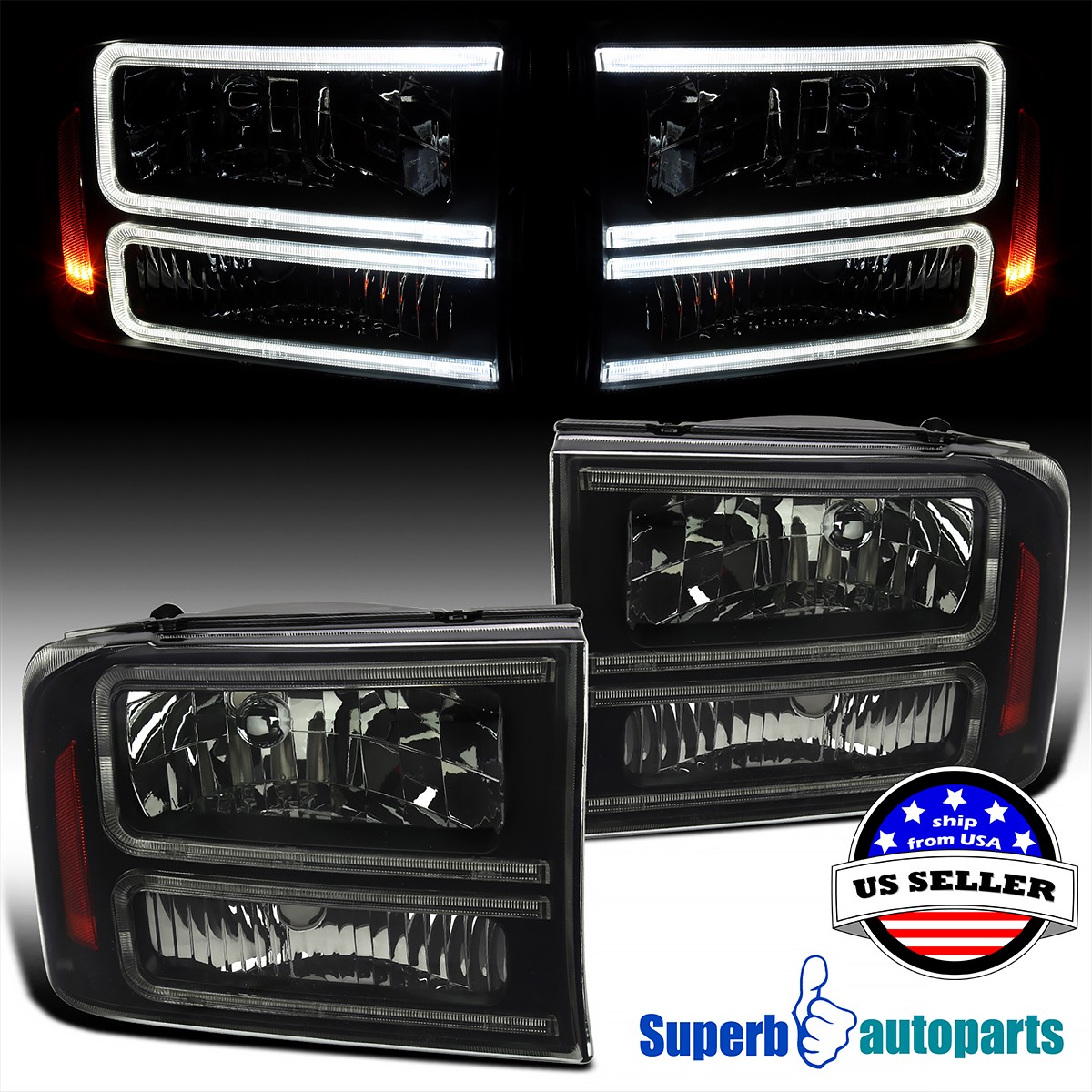 Fit 99-04 Ford F250 Superduty 2000-2004 Excursion Black Smoke Headlights w/ LED Fit 99-04 Ford F250 Superduty 2000-2004 Excursion Black Smoke Headlights w/ LED