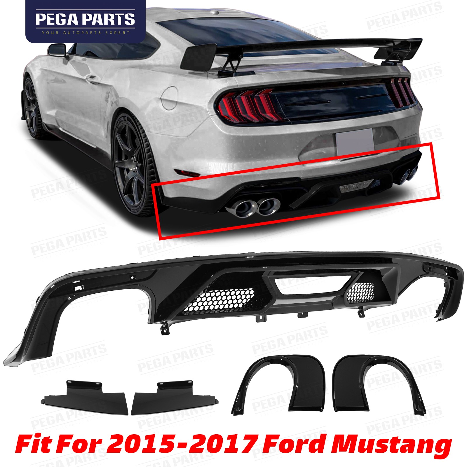 For 2015-2017 Ford Mustang GT500 Style Rear Bumper Lip Quad/Dual Diffuser Cover