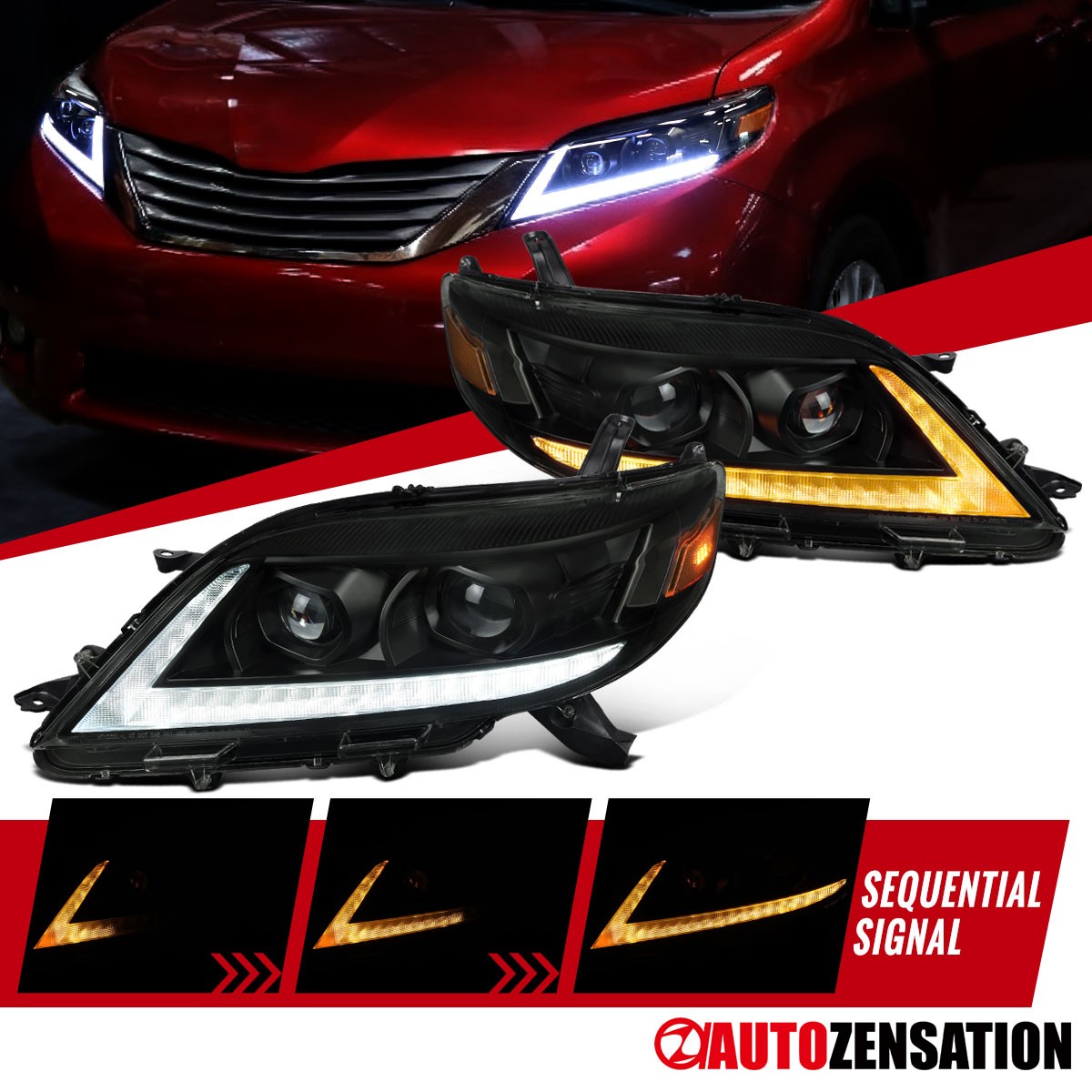 Smoke Fit 2011-2020 Toyota Sienna Projector Headlights LED DRL Sequential Signal