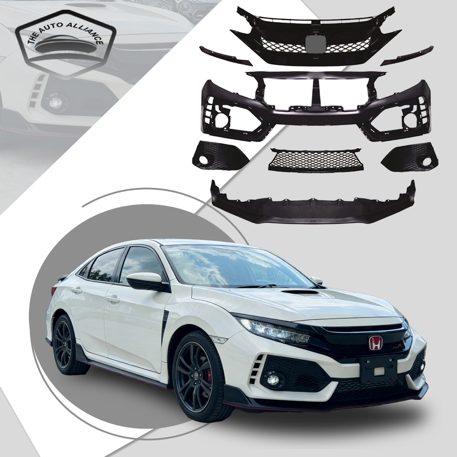 Front Bumper Cover Kit with Grille + Lip For 2016-2021 Honda Civic Type R Style