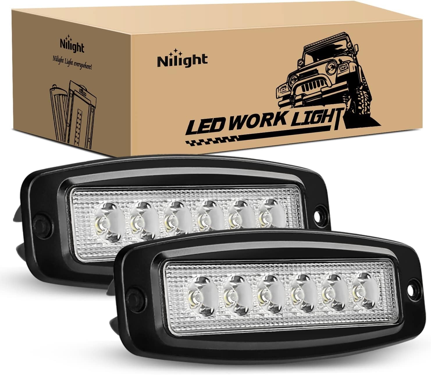 Nilight LED Pods Flush Mount 2Pcs 18W 7.3Inch Spot Offroad Fog Light Bar