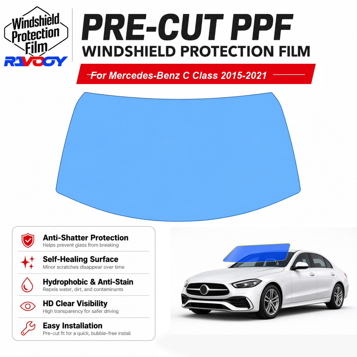 PreCut Windshield Protection Film Clear Bra For Mercedes-Benz C Class 2015-2021
