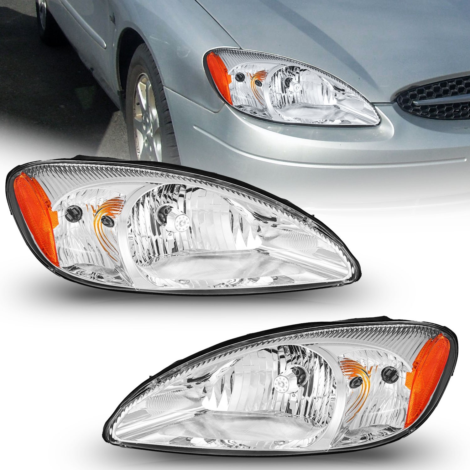 Pair Headlights Assembly Chrome For 2000-2007 Ford Taurus Headlamps w/o bulbs