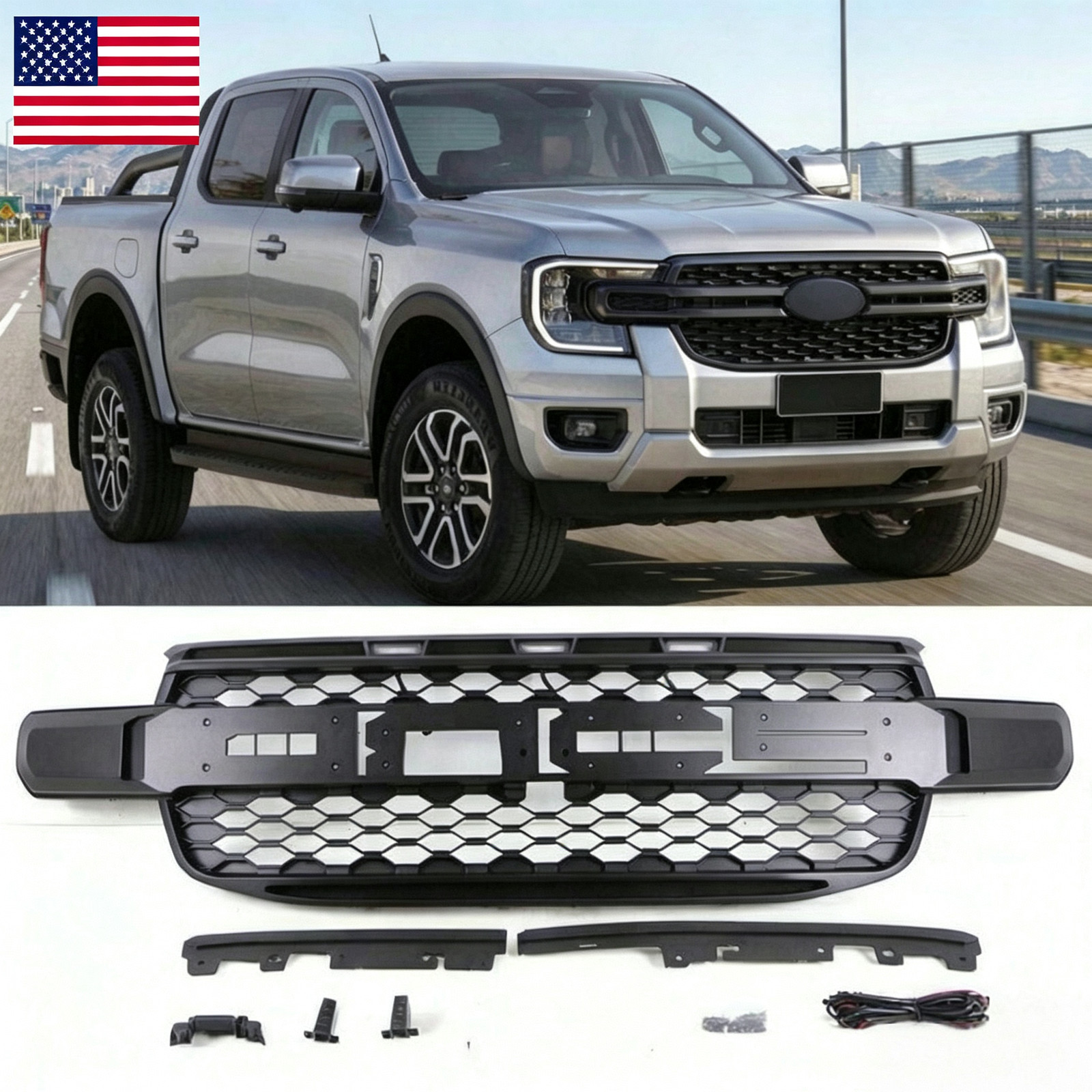 Black Front Grille Fits For Ford Ranger T9 2023 2024 Upper Grill With LED Light