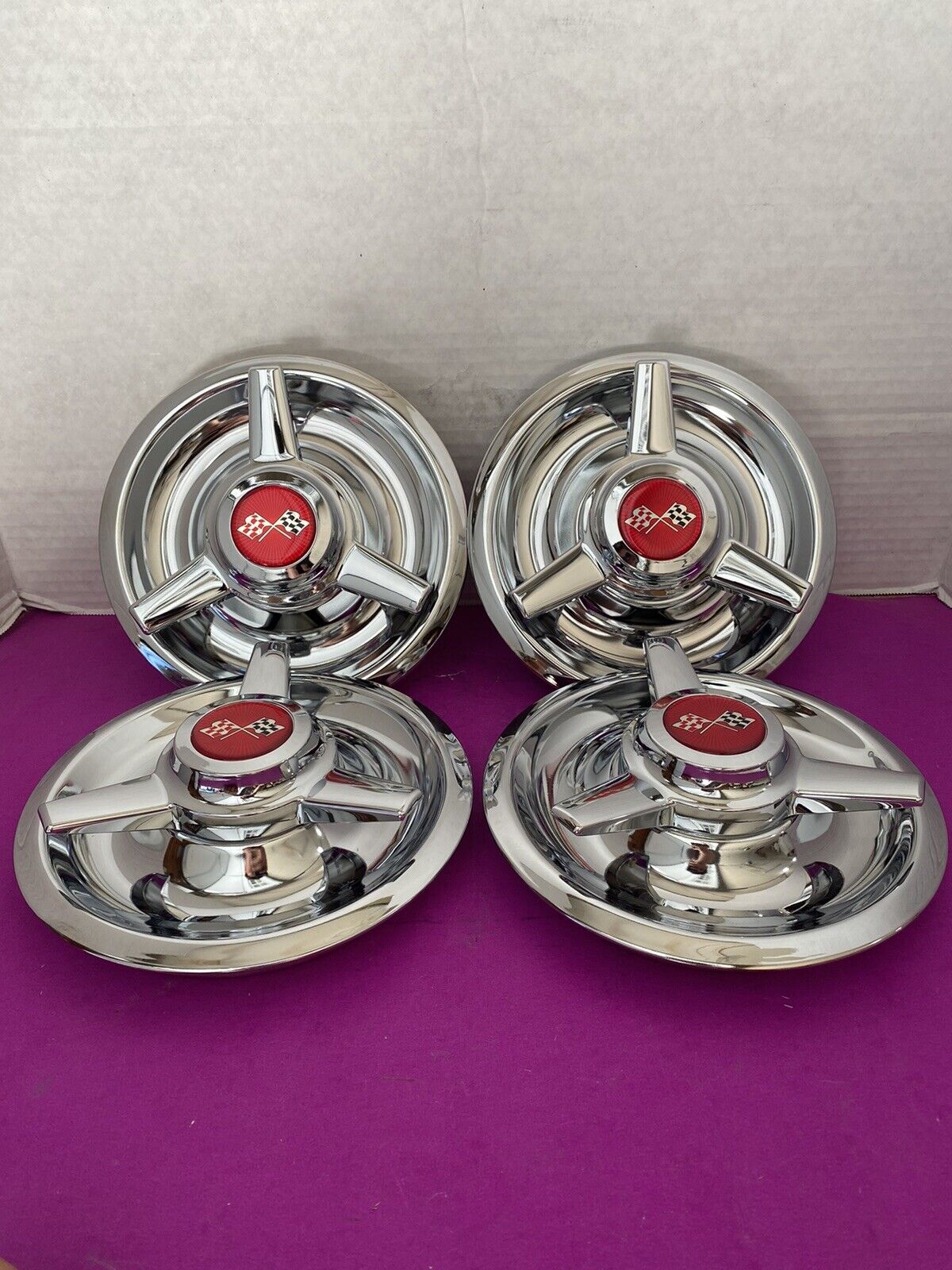 (4) 3 BAR SPINNERS CENTER CAPS FOR CHEVY RALLY WHEELS 7\