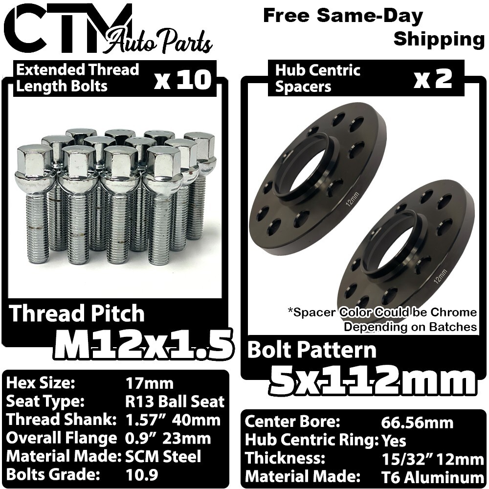 2x 12mm Thick 5x112 66.56mm CB Wheel Spacer 12x1.5 Chrome Bolt Fit Mercedes Rims