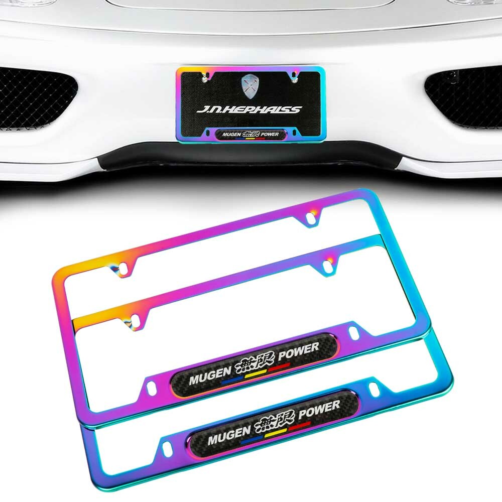 X2 Mugen Neo Chrome Stainless Steel License Plate Frame Carbon Fiber Emblem 