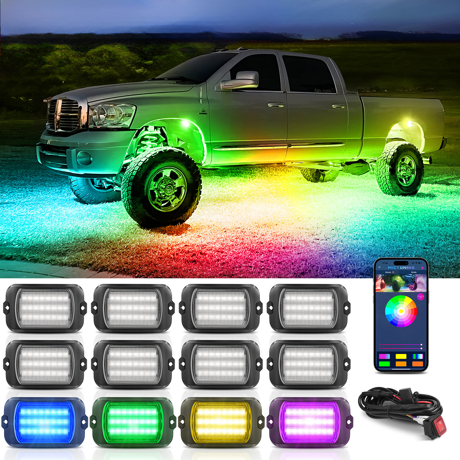 MICTUNING Q1 12 Pods RGB+IC LED Rock Lights Car Truck LED Underglow Wheel Lights MICTUNING Q1 12 Pods RGB+IC LED Rock Lights Car Truck LED Underglow Wheel Lights