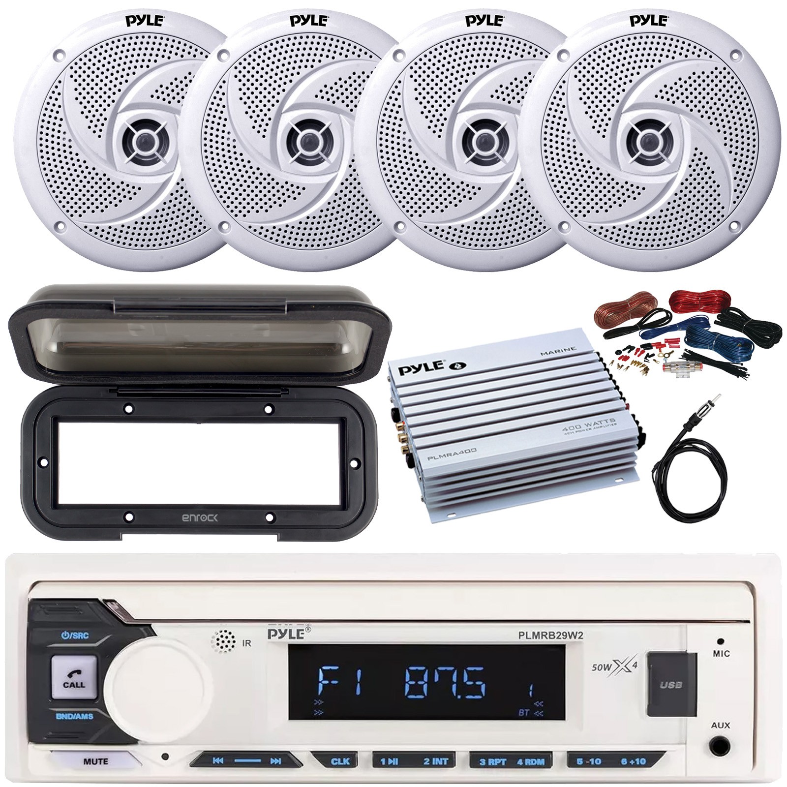 Pyle White Stereo MP3 Receiver with cover, 4x 8\'\' 320W Max 2-Way Speakers, Amp