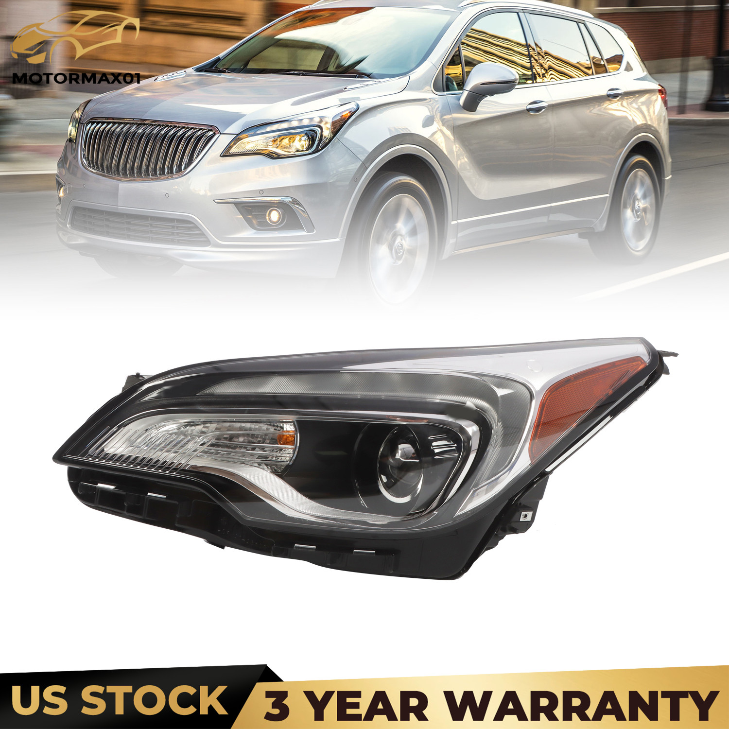 Driver Left Halogen Headlight For Buick Envision 2016-2018 W/ LED DRL Bulbs
