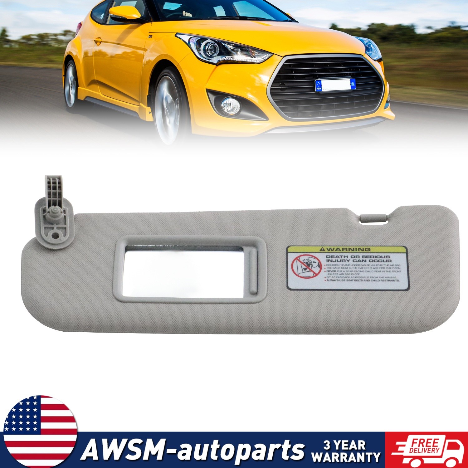 For 12-2015 Hyundai Veloster Left Driver Side Sun Visor With Mirror Gray