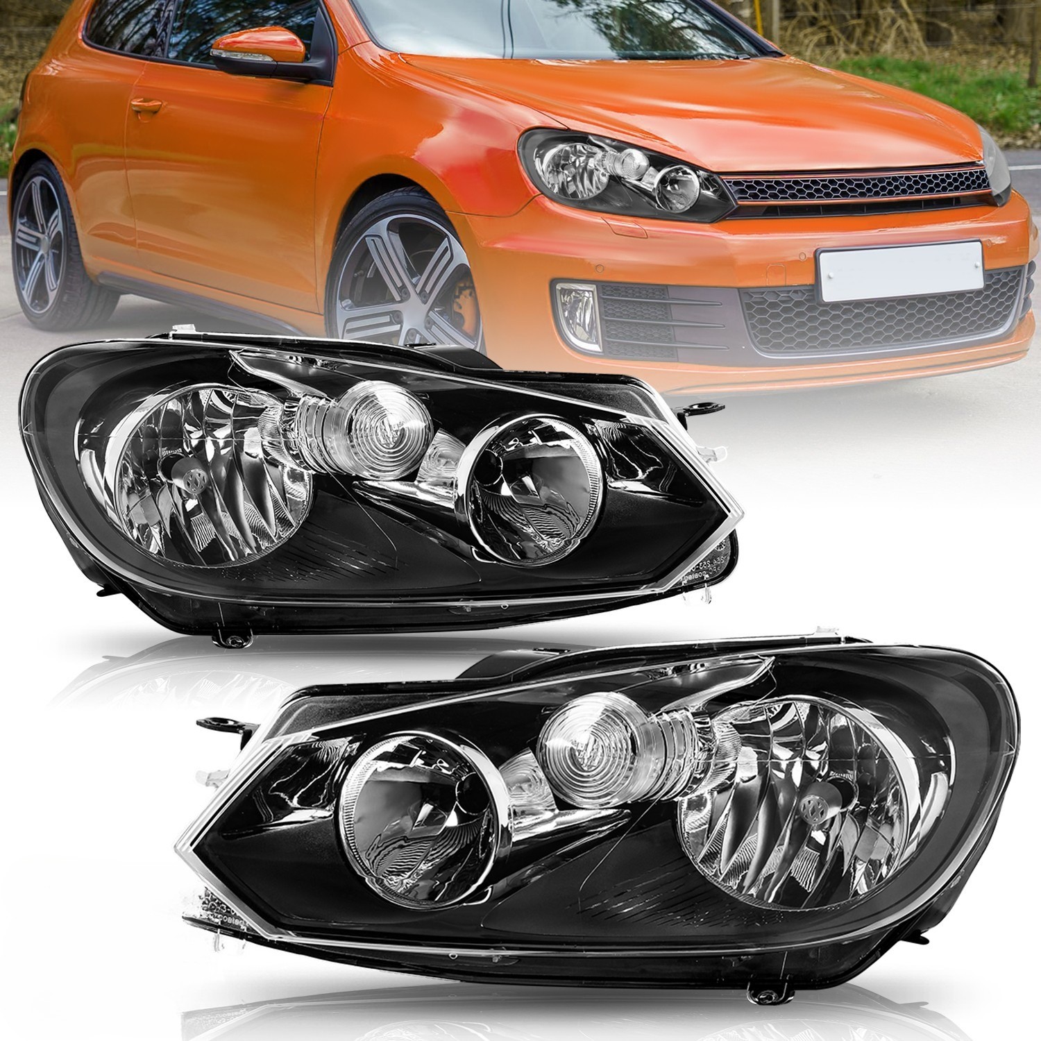 Pairs For 2010-2014 Volkswagen Golf Halogen Headlights Headlamps Assembly Black