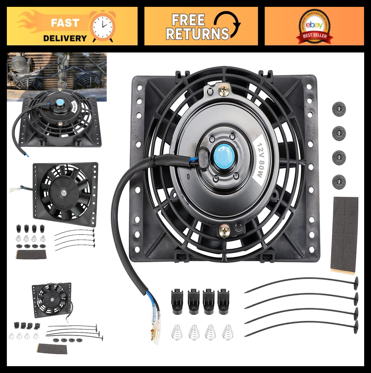 Universal 6 Inch Slim Radiator Cooling Fan 650CFM 12V 80W Pull Push Design