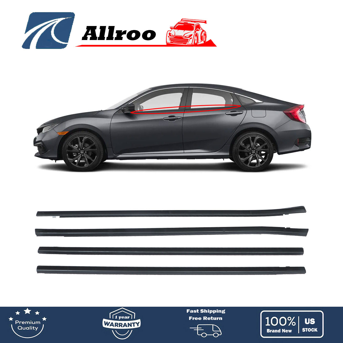 4Pcs Outer Window Weatherstrip Molding Trim For Honda Civic Sedan 2016-2019
