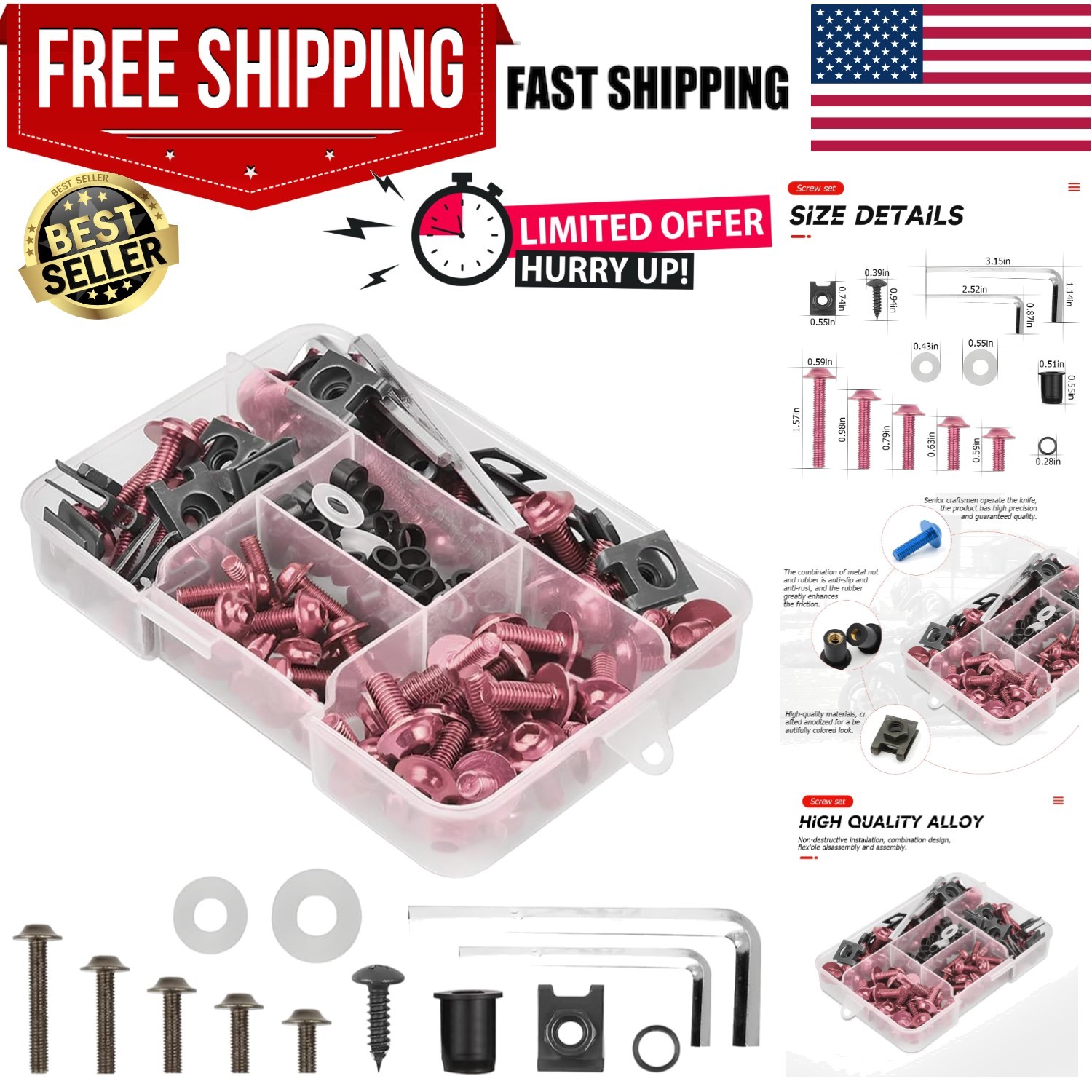Corrosion-Resistant Pink Motorcycle Bolt Kit with 177 Fasteners for Sport Bikes