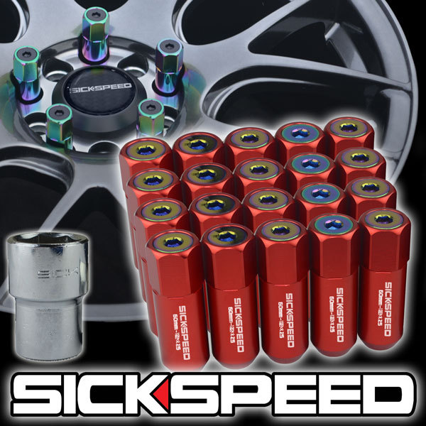 SICKSPEED 20 PC RED/NEO CHROME CAPPED EXTENDED 60MM LOCKING LUG NUTS 14X1.5 L19