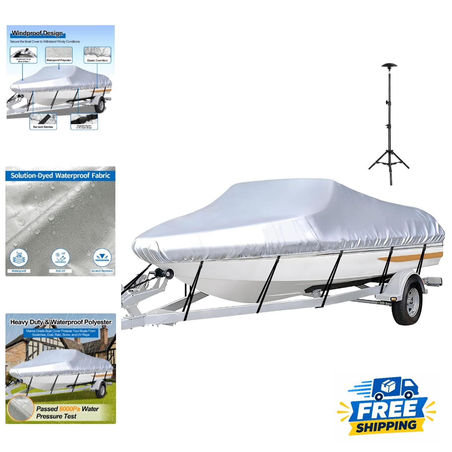 Versatile 17\'-19\' Waterproof Tarp Boat Cover with UV Protection & Support Pole