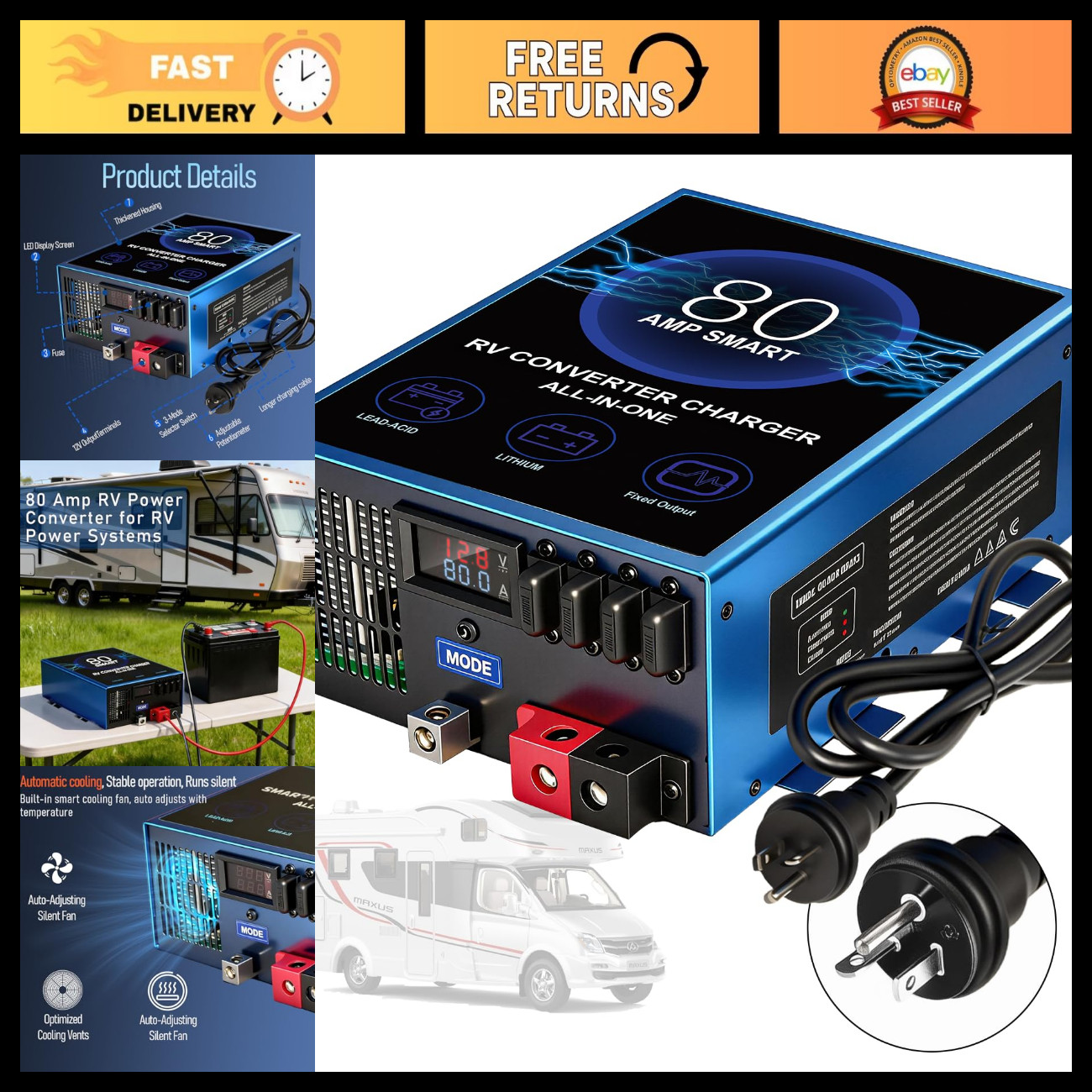 80A RV Power Converter 110V AC to 12V DC Battery Charger, Smart Multi-Stage Char