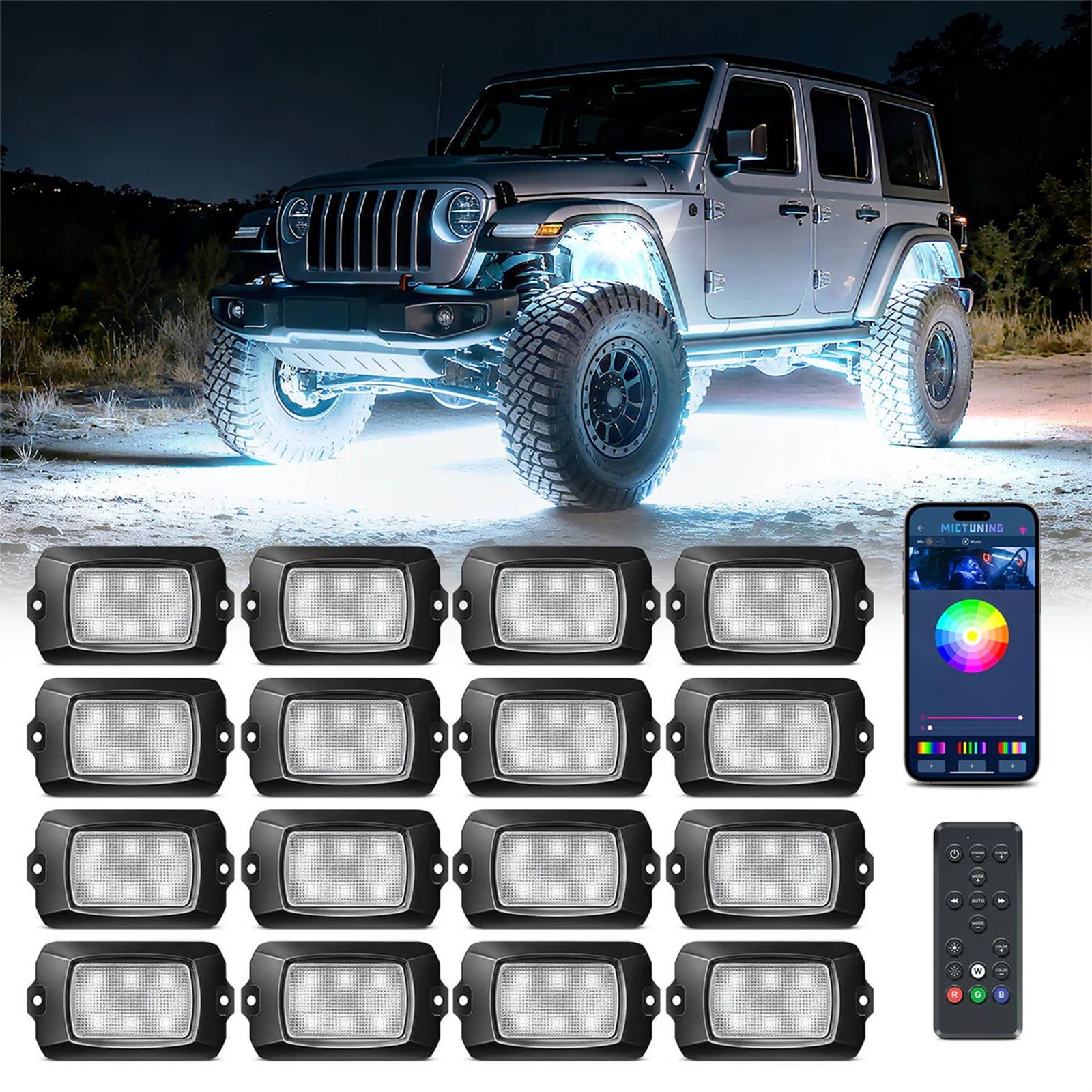 MICTUNING Q1 16 Pods RGBW LED Rock Lights APP Multicolor Underglow Neon Lamp Kit MICTUNING Q1 16 Pods RGBW LED Rock Lights APP Multicolor Underglow Neon Lamp Kit