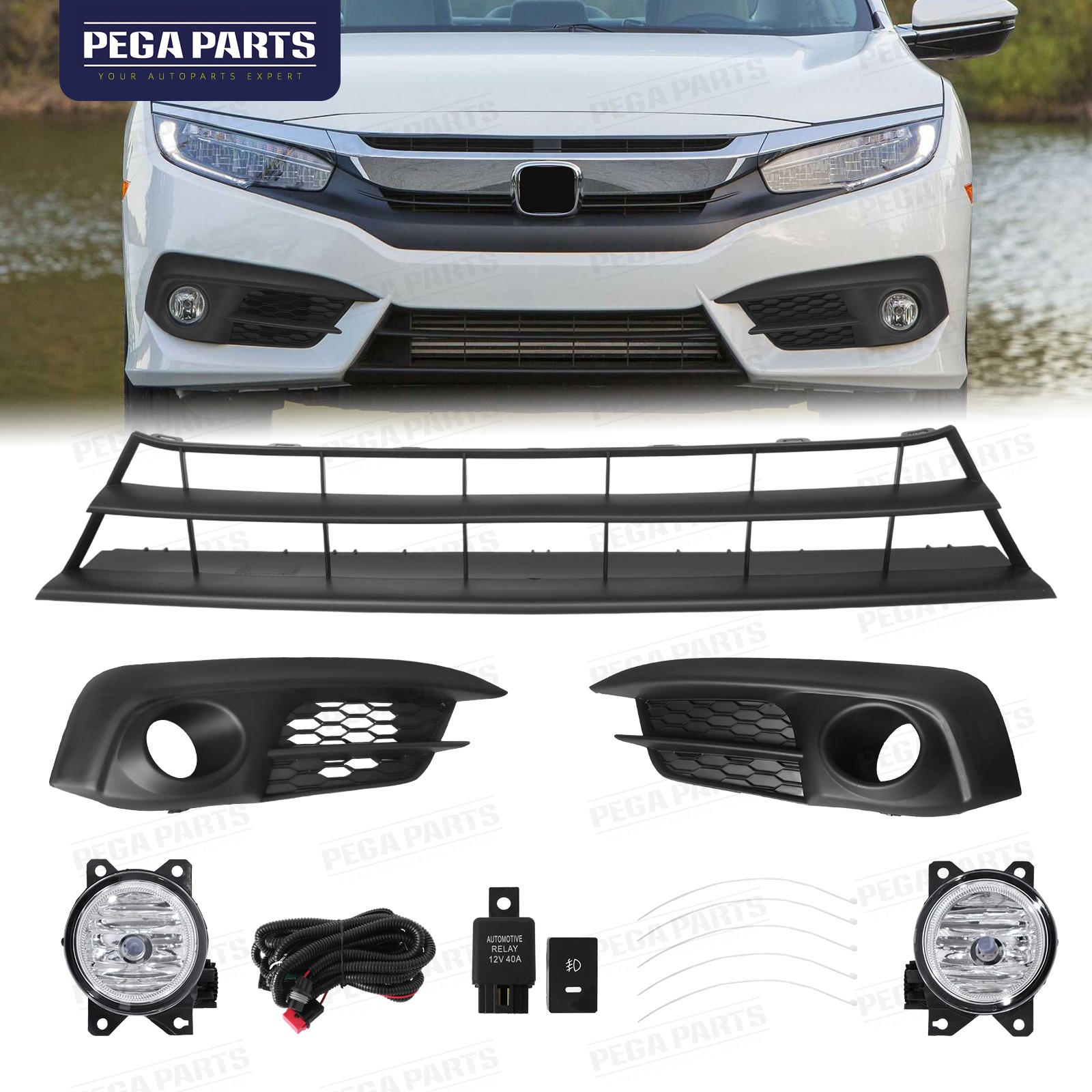 5PC For CIVIC Sedan 2016-2018 Bumper Lower Grille Mesh & Fog lights & Bezel Kit