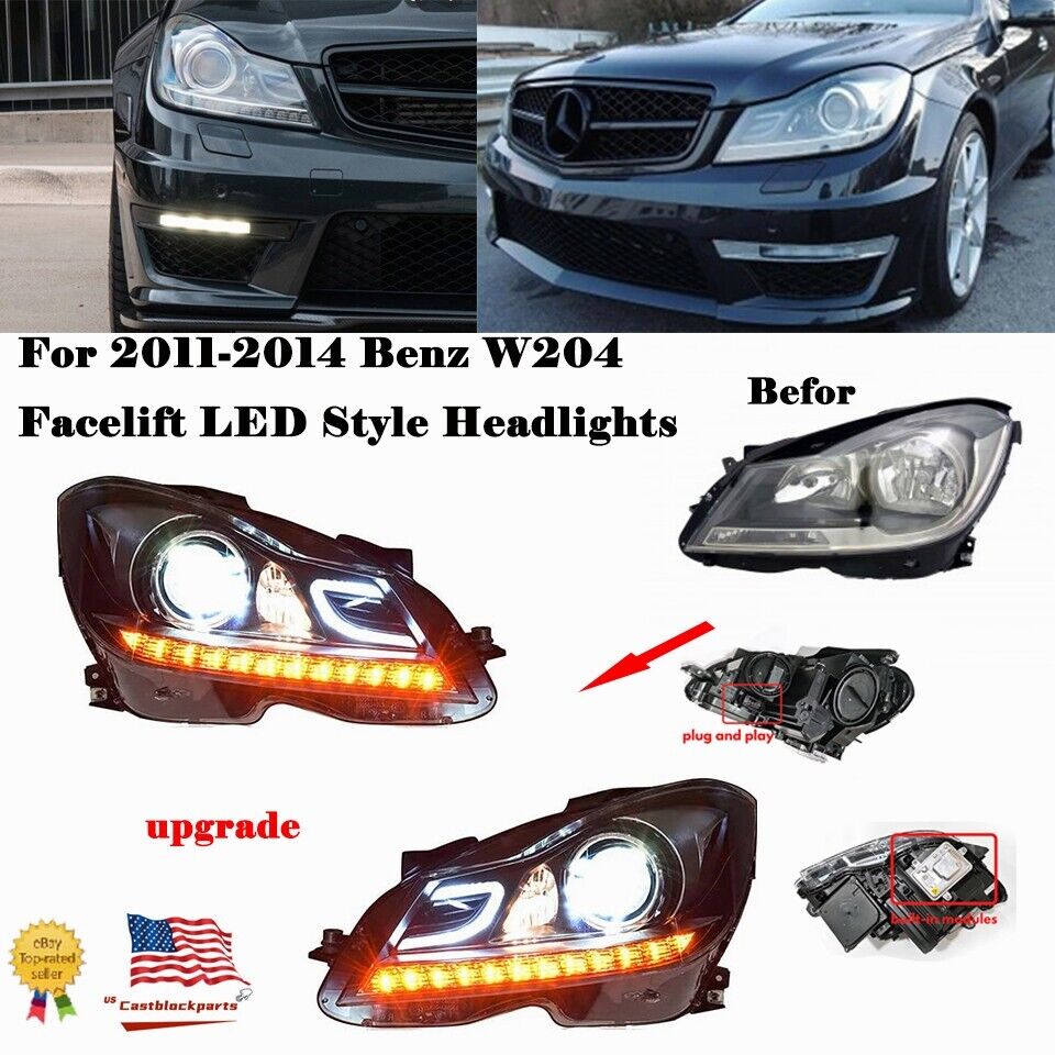 Fits 11-14 Mercedes W204 Upgrade to LED DRL Headlights C63 Style Look L+R Pair