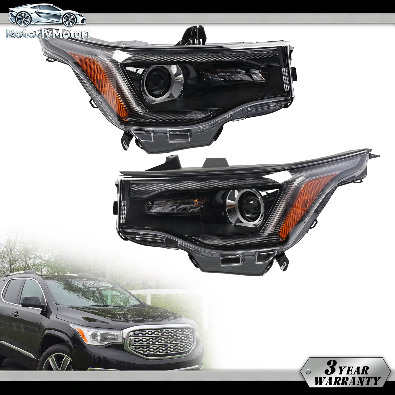 For 2017-19 GMC Acadia Black Halogen Left Right Headlights Assembly w/ LED DRL
