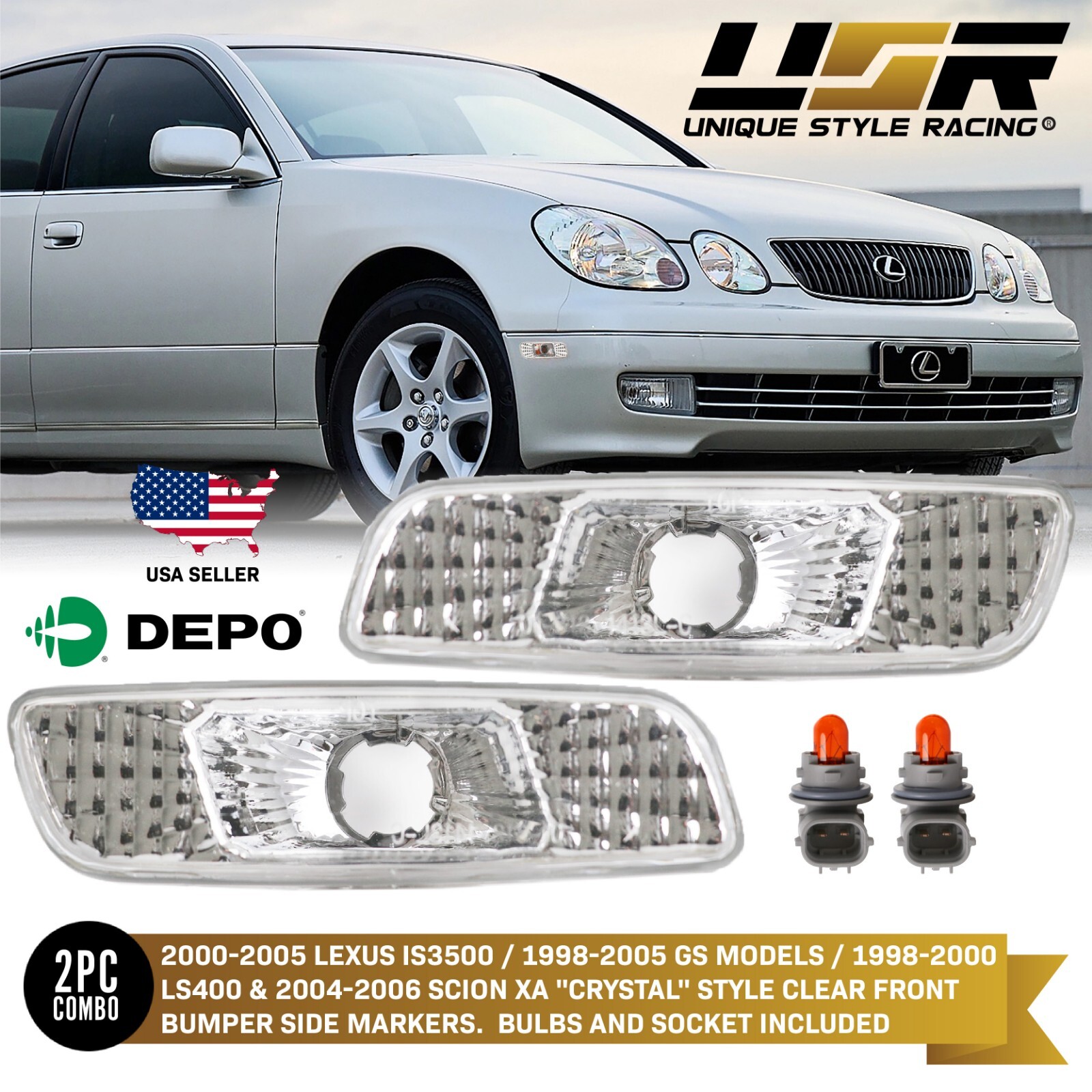 DEPO Front Clear Bumper Side Markers For 1998-2004 Lexus GS300 / 2001-2005 IS300