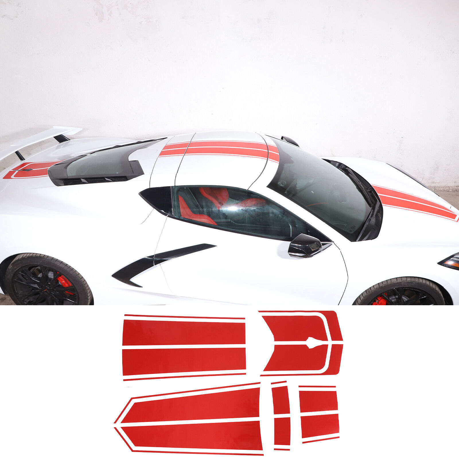 Red Roof Racing Stripes Overlay Graphic Decal Vinyl For Corvette C8 2020-2023
