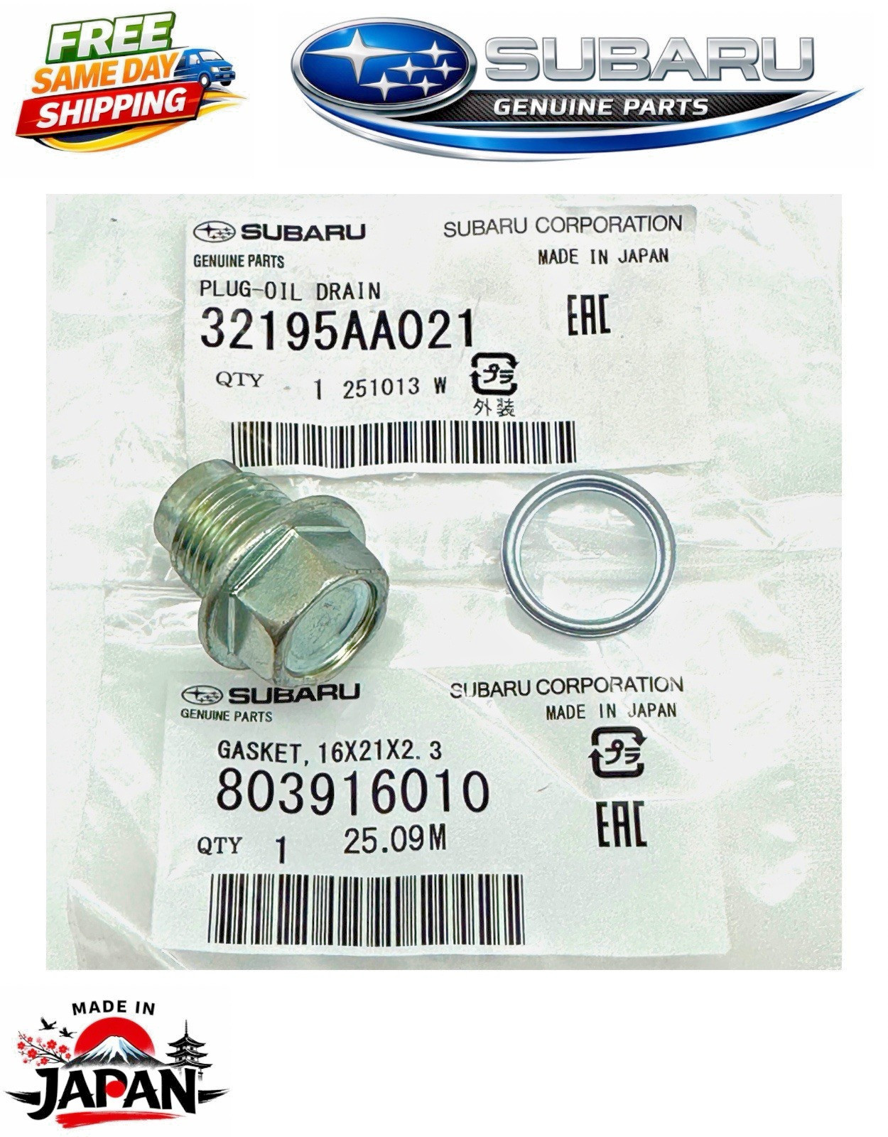 2011-2025 Subaru Oil Drain Plug & Crush Washer Gasket 32195AA021 & 803916010 OEM