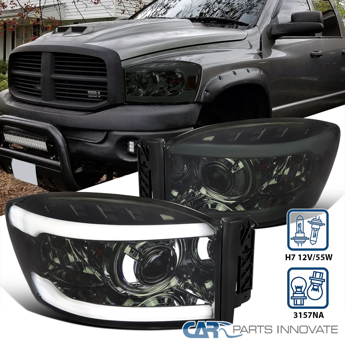 Fit 2006-2008 Dodge Ram 1500 2500 3500 Smoke Projector Headlights LED Tube Lamps