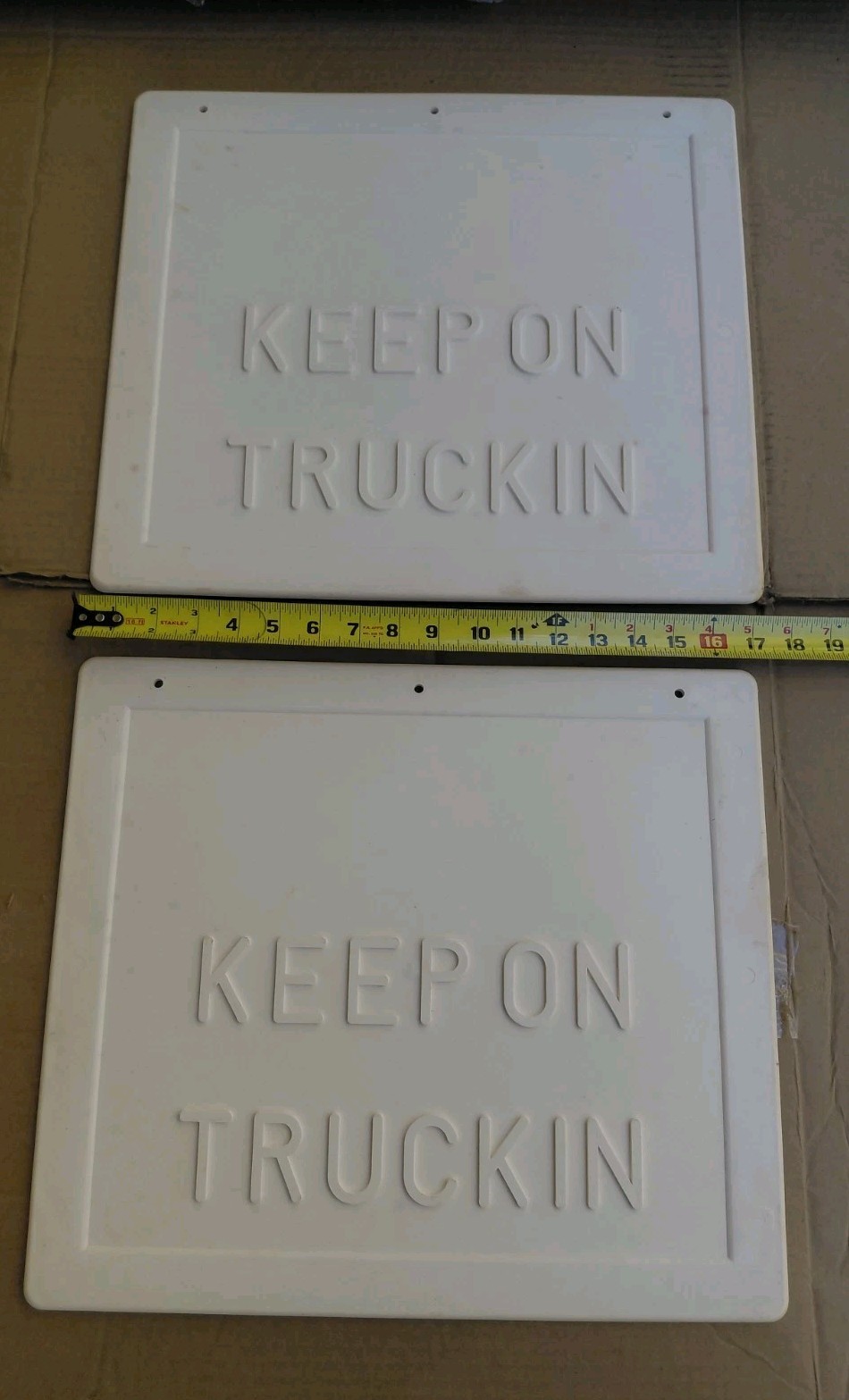 (2) TWO VINTAGE GENERIC KEEP ON TRUCKIN MUD FLAPS WHITE 15\