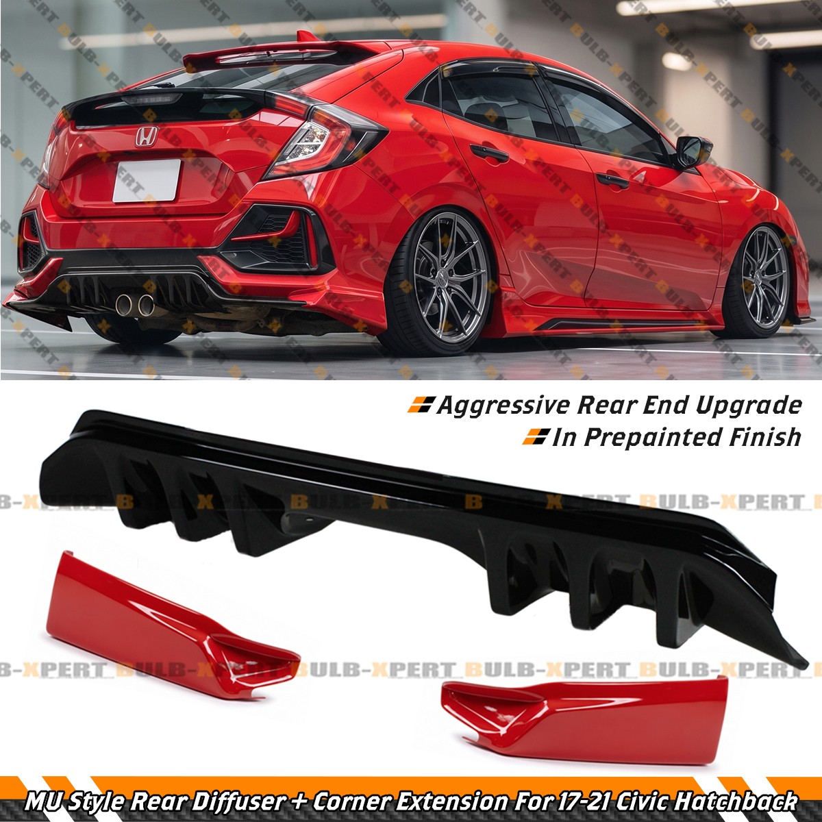 For 17-21 Civic Hatchback MU Style Rear Bumper Diffuser + V2 Red Side Extension